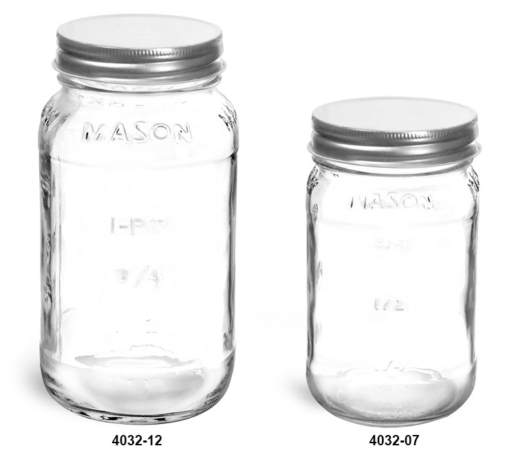Clear Glass Jars, Clear Glass Mason Jars w/ Silver Metal Plastisol Lined Caps