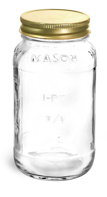 Clear Glass Jars, Clear Glass Mason Jars w/ Gold Metal Plastisol Lined Caps