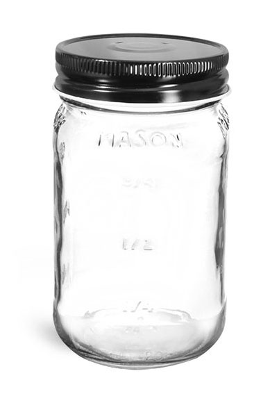 Clear Glass Jars, Clear Glass Mason Jars w/ Black Metal Plastisol Lined Caps