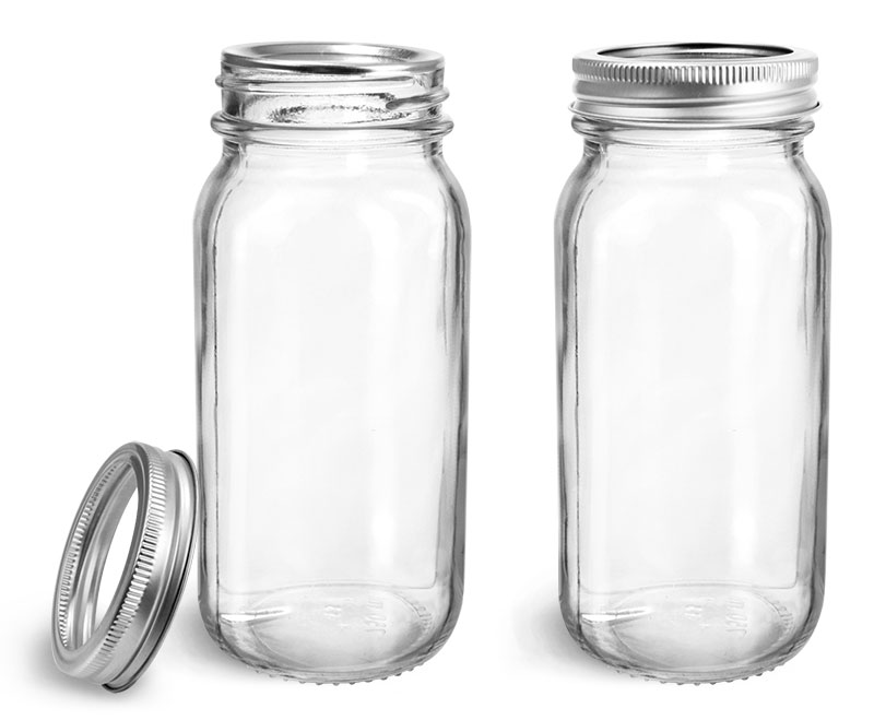 Clear Glass Jars, Clear Glass Mayberry Jars w/ Silver Two Piece Canning Lids