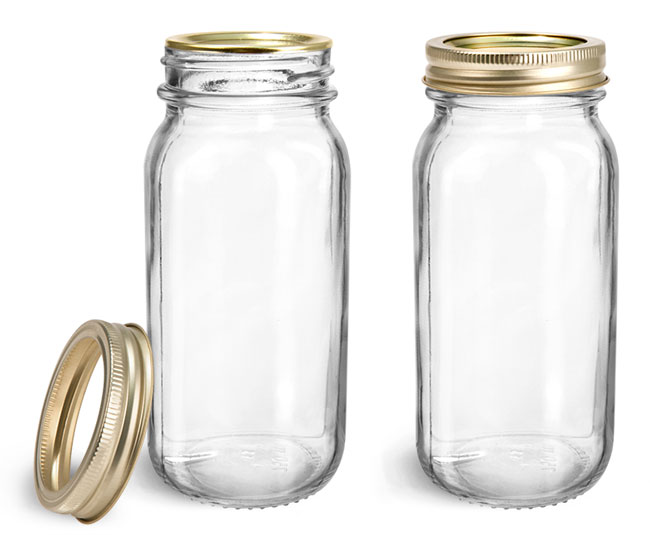 Clear Glass Jars, Clear Glass Mayberry Jars w/ Gold Two Piece Canning Lids