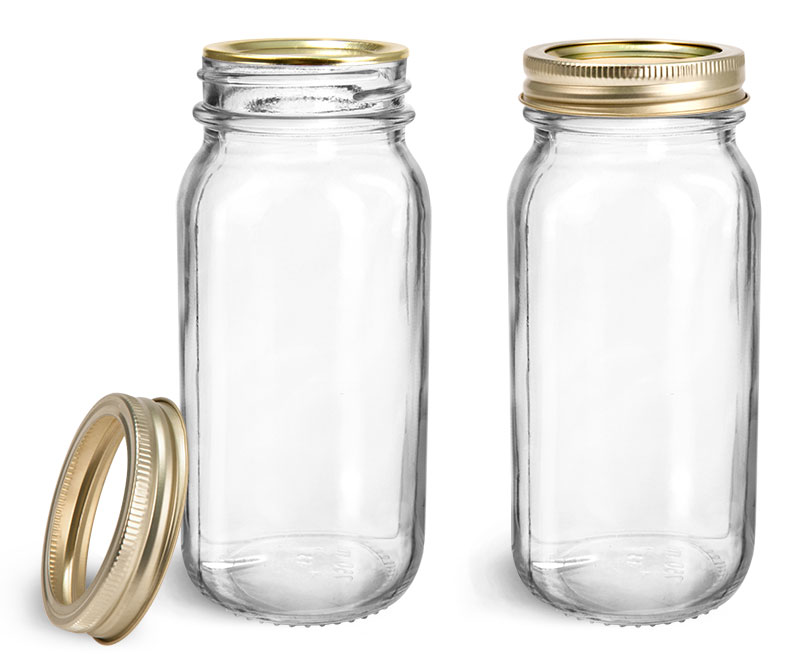 Clear Glass Jars, Clear Glass Mayberry Jars w/ Gold Two Piece Canning Lids
