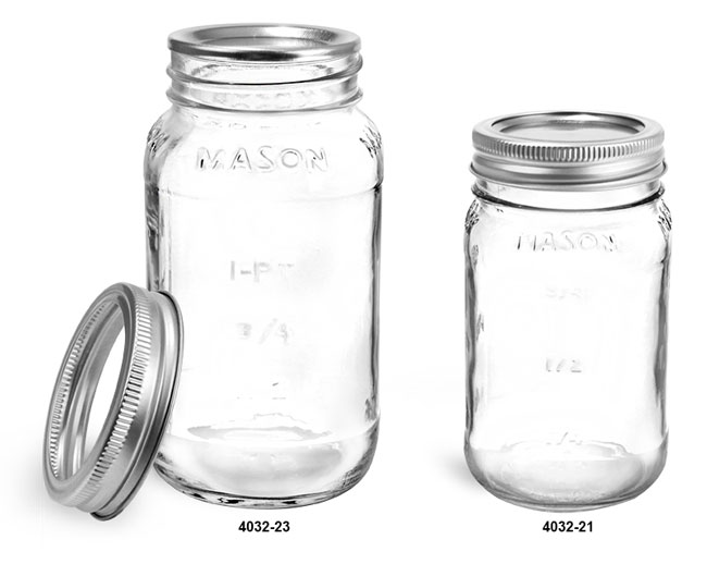 Clear Glass Jars, Clear Glass Mason Jars w/ Silver Two Piece Canning Lids