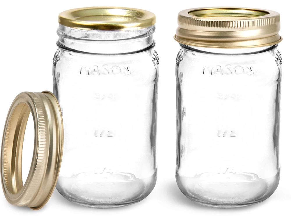 16 oz Glass Jars, Clear Glass Mason Jars w/ Gold Two Piece Canning Lids