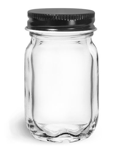 Clear Glass Jars, Clear Glass Mayberry Jars w/ Black Metal Plastisol Lined Caps