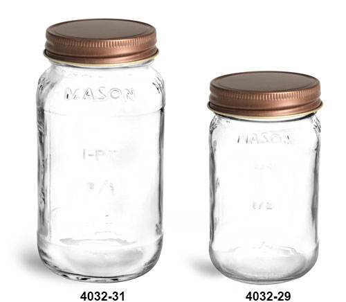 Clear Glass Jars, Clear Glass Mason Jars w/ Unlined Rustic Bronze Metal Closures