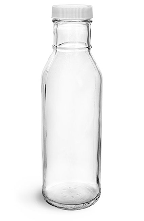 Glass Bottles, Clear Glass Barbecue Sauce Bottles w/ White Ribbed Lined Caps