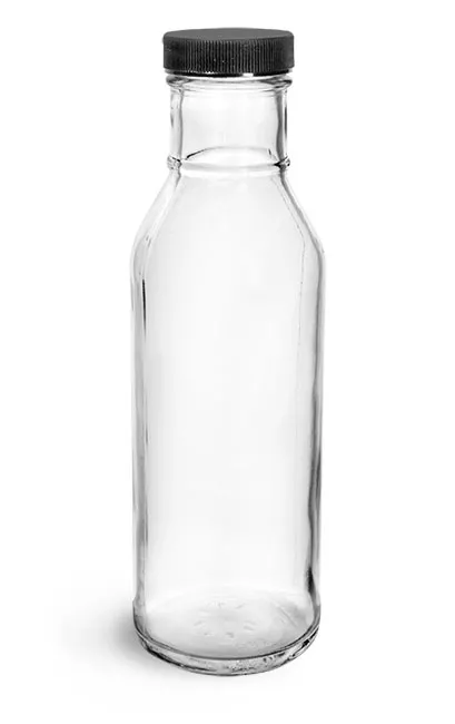 Glass Bottles, Clear Glass Barbecue Sauce Bottles w/ Ribbed Black Lined Caps