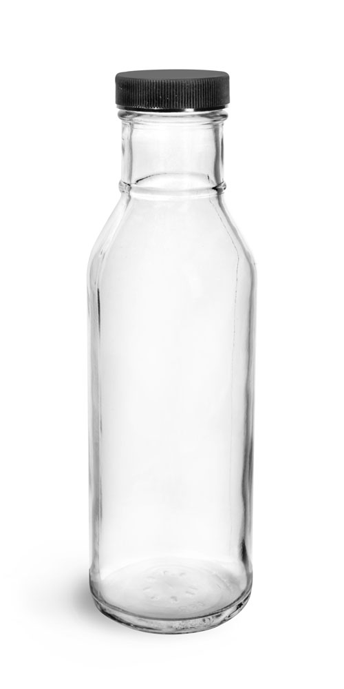 
12 oz Clear Glass Barbecue Sauce Bottles w/ Ribbed Black Lined Caps
