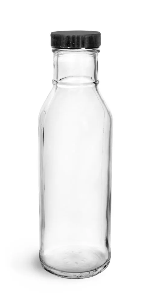 12 oz Clear Glass Barbecue Sauce Bottles w/ Ribbed Black Lined Caps