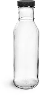 Glass Bottles, Clear Glass Barbecue Sauce Bottles w/ Ribbed Black Lined Caps