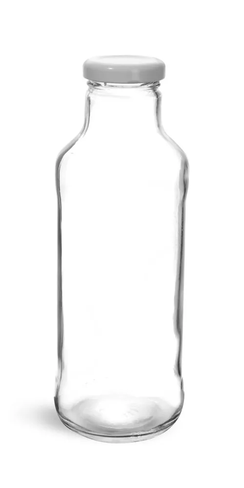 16 oz Clear Glass Beverage Bottles w/ White Metal Lined Lug Caps