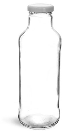 Glass Bottles, Clear Glass Tall Sauce/ Beverage Bottles w/ White Metal Plastisol Lined Lug Caps