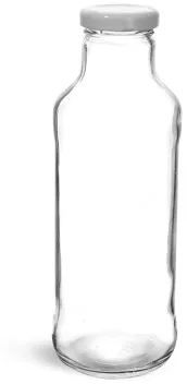 Clear Glass Tall Sauce/Beverage Bottles w/ White Metal Lined Lug Caps