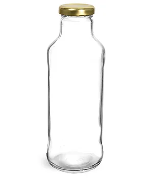 Clear Glass Beverage Bottles w/ Gold Metal Plastisol Lined Lugs Caps