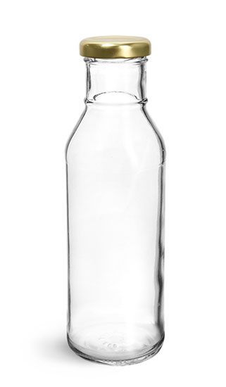 Glass Bottles, 12 oz Clear Glass Barbeque Sauce Bottles w/ Gold Metal Lug Caps