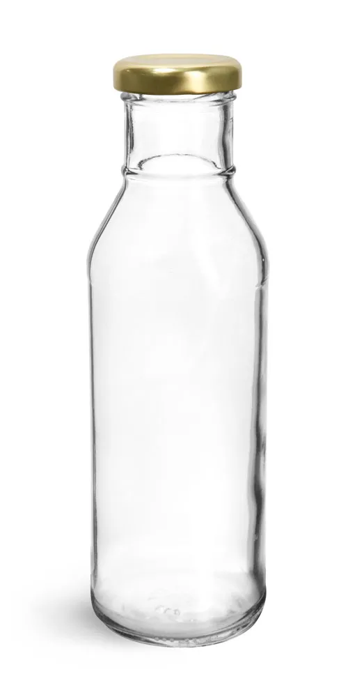12 oz Clear Glass BBQ Sauce Bottles w/ Gold Metal Lug Caps