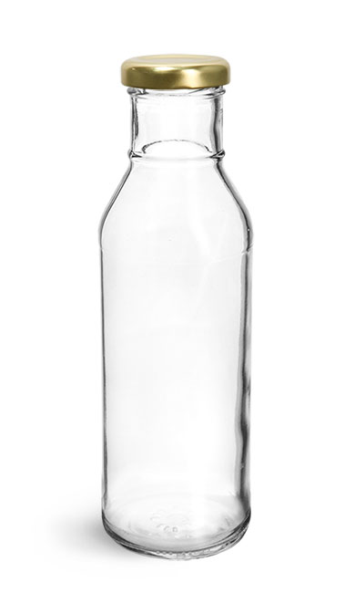 Glass Bottles, 12 oz Clear Glass Barbeque Sauce Bottles w/ Gold Metal Lug Caps