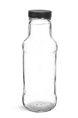 Glass Bottles, Clear Glass Beverage Bottles w/ Black Ribbed PE Lined Caps