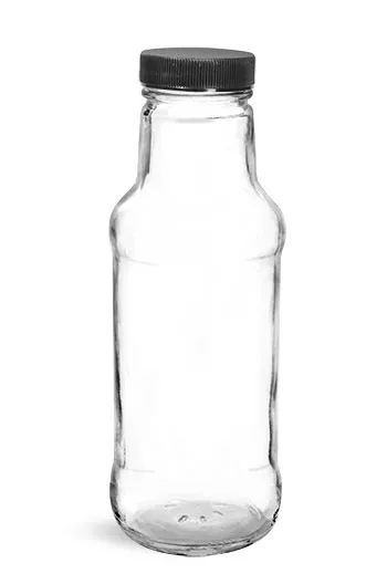 Glass Bottles, Clear Glass Beverage Bottles w/ Black Ribbed PE Lined Caps