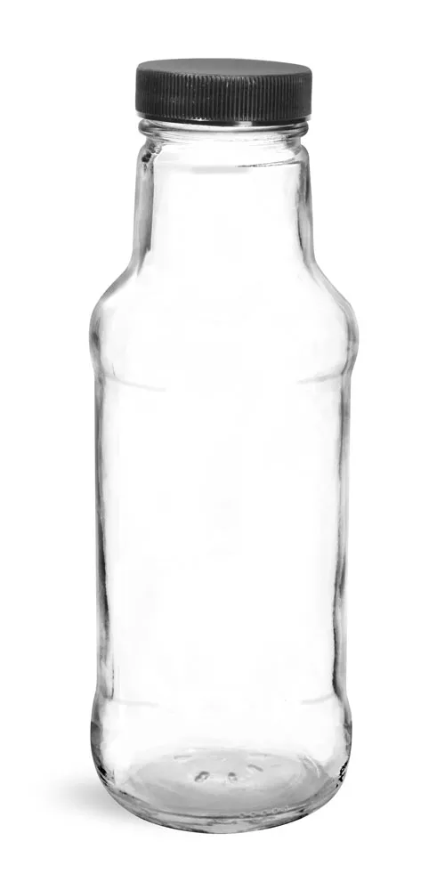 10 oz Glass Bottles, Clear Glass Beverage Bottles w/ Black Ribbed PE Lined Caps