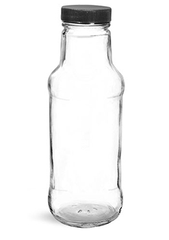 Glass Bottles, Clear Glass Beverage Bottles w/ Black Ribbed PE Lined Caps