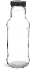 Glass Bottles, Clear Glass Beverage Bottles w/ Black Ribbed PE Lined Caps