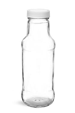 Glass Bottles, Clear Glass Beverage Bottles w/ White Ribbed PE Lined Caps