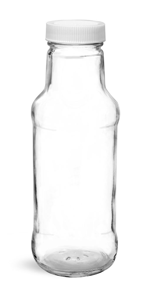 10 oz Glass Bottles, Clear Glass Beverage Bottles w/ White Ribbed PE Lined Caps