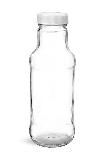 Glass Bottles, Clear Glass Beverage Bottles w/ White Ribbed PE Lined Caps
