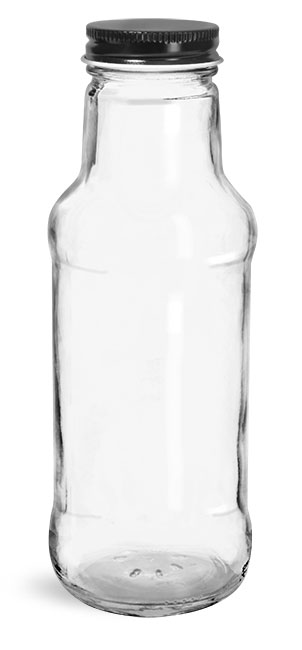 Glass Bottles, Clear Glass Beverage Bottles w/ Black Metal Plastisol Lined Caps