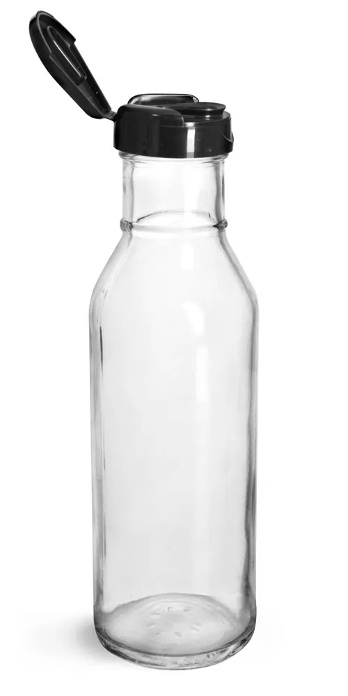 12 oz Glass Bottles, Glass Barbecue Sauce Bottles w/ Black Polypropylene Lift and Peel Lined Snap Top Caps