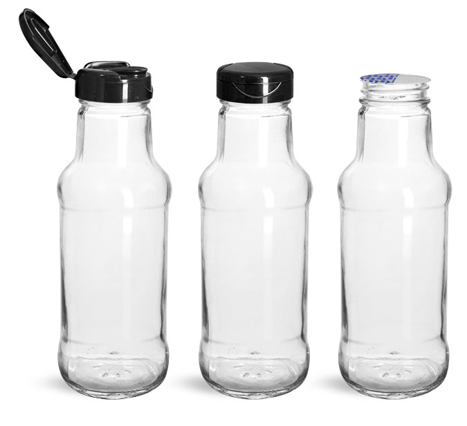 Glass Bottles, Glass Sauce/Beverage Bottles w/ Black PP Lift 'n' Peel™ Lined Snap Top Caps