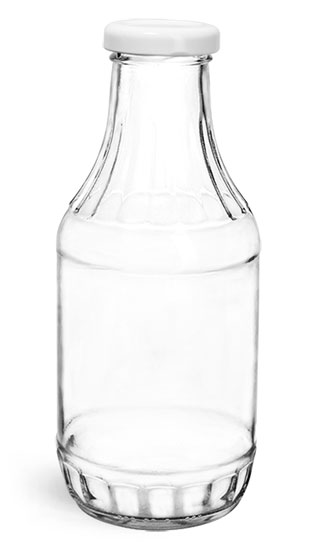 Glass Bottles, 16 oz Clear Glass Sauce Decanter Bottles w/ White Metal Lug Caps