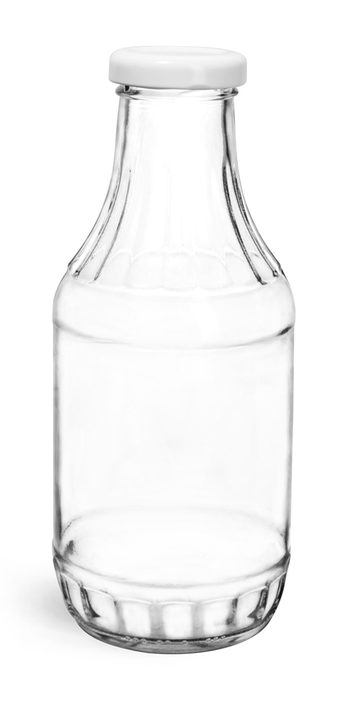 SKS Bottle & Packaging 16 oz Clear Glass Sauce Bottles w/ White Metal