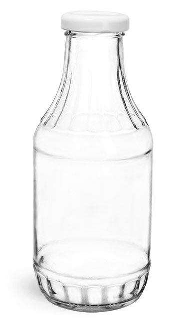 Glass Bottles, 16 oz Clear Glass Sauce Decanter Bottles w/ White Metal Lug Caps