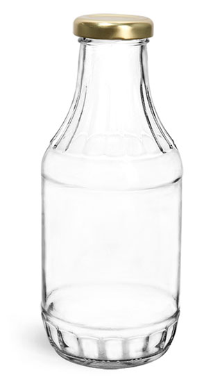Glass Bottles, 16 oz Clear Glass Sauce Decanter Bottles w/ Gold Metal Lug Caps