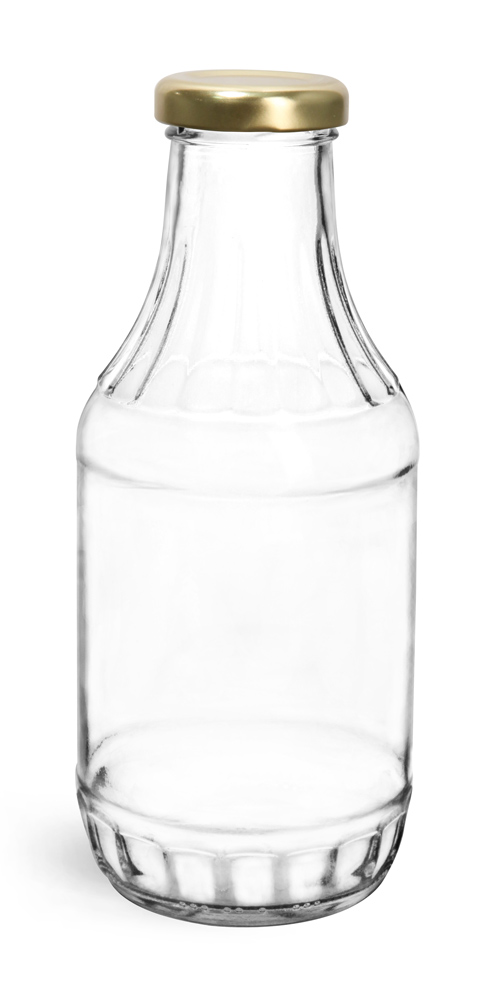 16 oz Clear Glass Sauce Bottles w/ Gold Metal Lug Caps