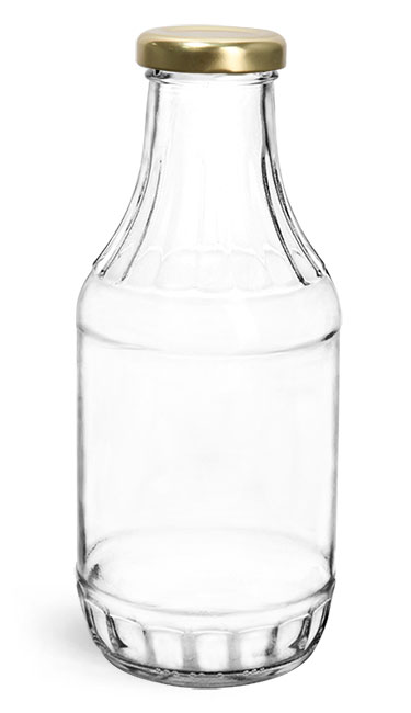 Glass Bottles, 16 oz Clear Glass Sauce Decanter Bottles w/ Gold Metal Lug Caps