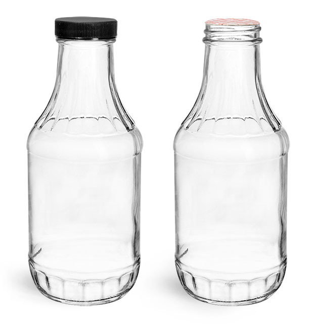 16 oz Clear Glass BBQ Decanter Bottles w/ 38mm Black Lug Cap (12/Case)