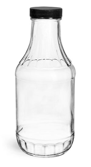 Glass Bottles, 16 oz Clear Glass Sauce Decanter Bottles w/ Ribbed Black Lined Caps