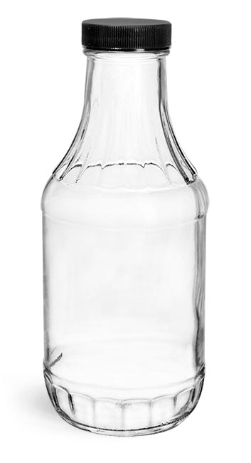 Glass Bottles, 16 oz Clear Glass Sauce Decanter Bottles w/ Ribbed Black Lined Caps