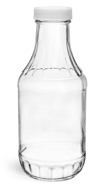 Clear Glass Sauce Decanter Bottles w/ Ribbed White Lined Caps
