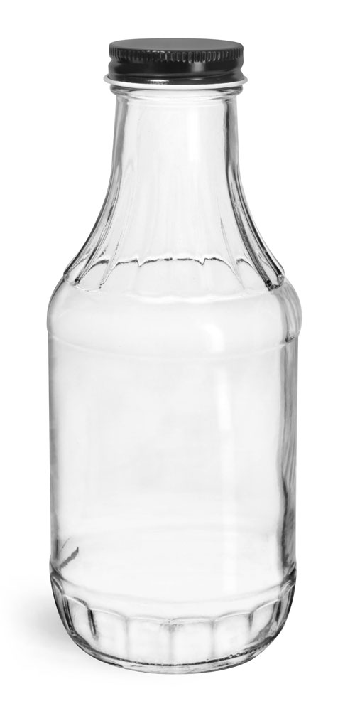 16 oz Glass Bottles, Clear Glass Sauce Decanter Bottles w/ Black Metal Plastisol Lined Caps
