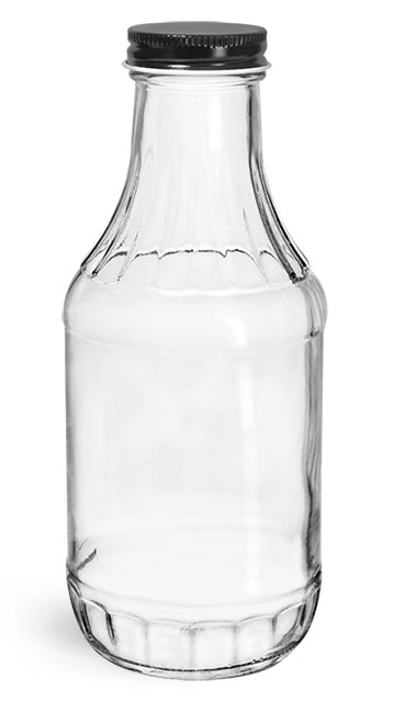 Glass Bottles, Clear Glass Sauce Decanter Bottles w/ Black Metal Plastisol Lined Caps