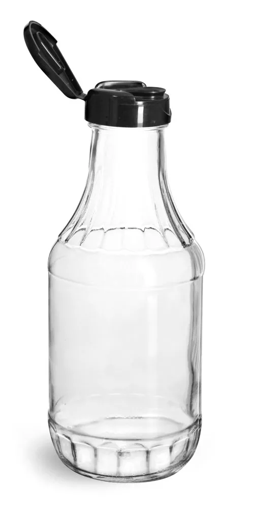 16 oz Glass Bottles, Glass Decanter Bottles w/ Black Polypropylene Lift and Peel Lined Snap Top Caps