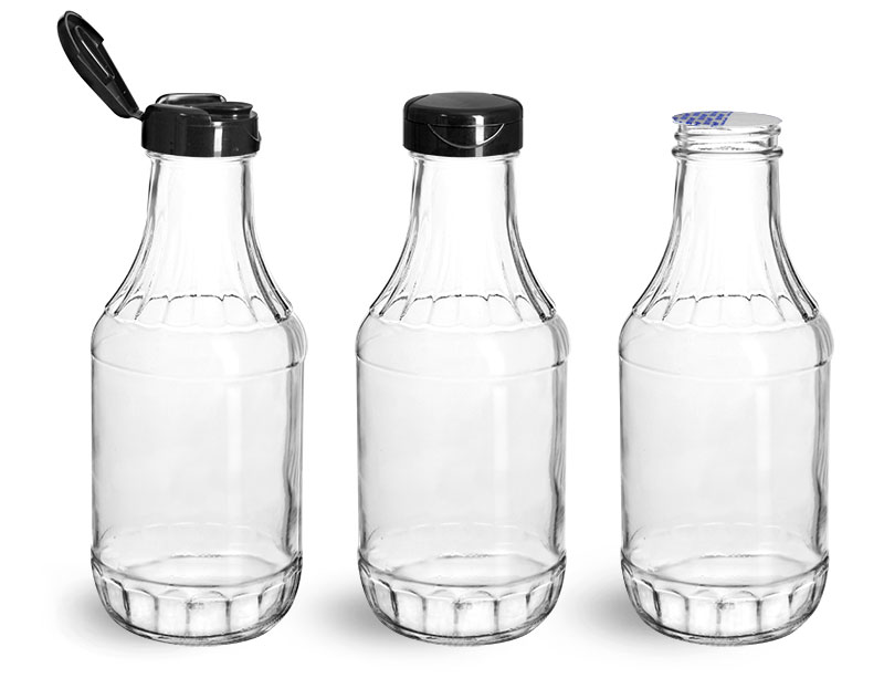 Glass Bottles, Glass Decanter Bottles w/ Black PP Lift 'n' Peel™ Lined Snap Top Caps