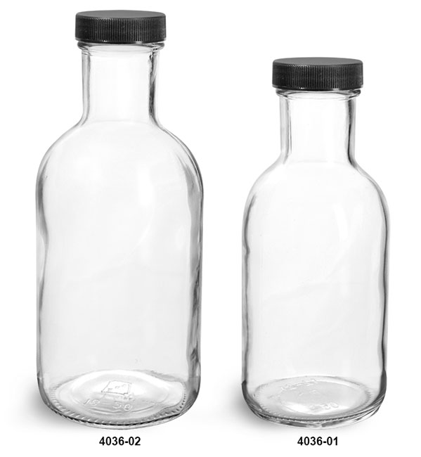 Glass Bottles, Clear Glass Stout Bottles w/ Black Ribbed Lined Caps