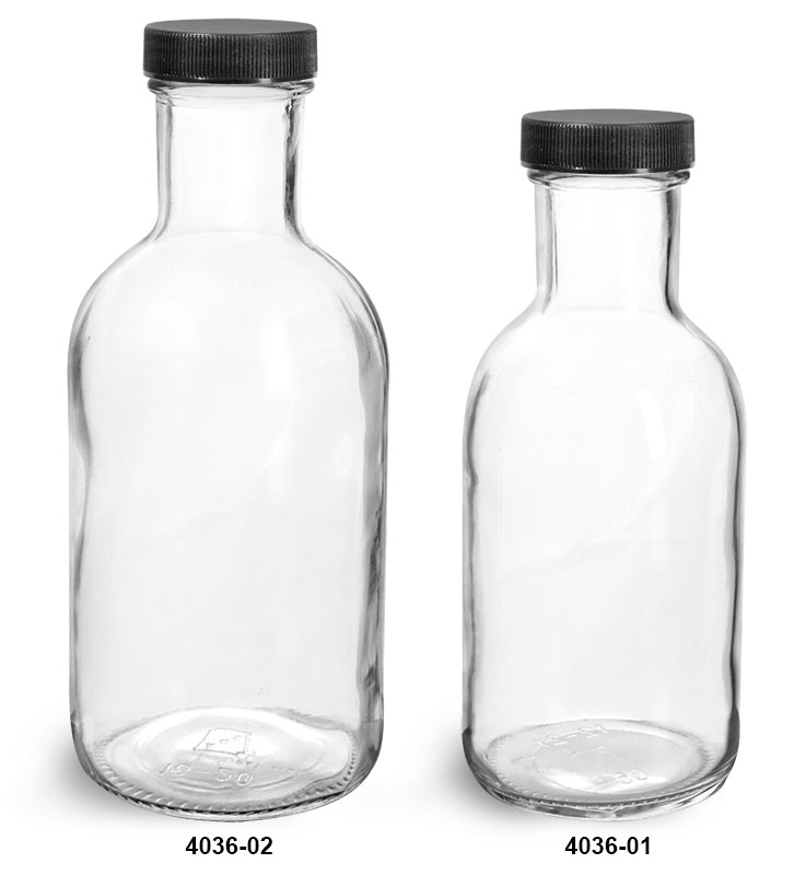Glass Bottles, Clear Glass Stout Bottles w/ Black Ribbed Lined Caps