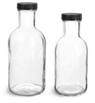 Clear Glass Stout Bottles w/ Black Ribbed Lined Caps